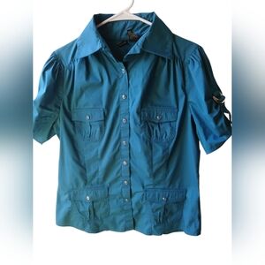 Mixit Teal Stretch Button-Up Shirt Large Women’s Short Sleeve
